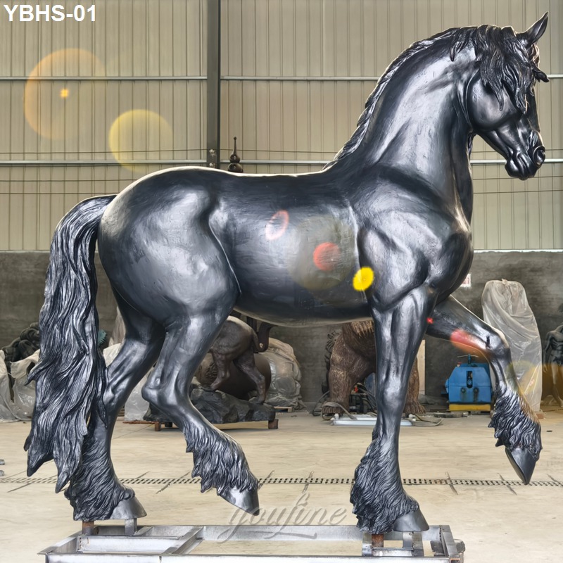 Elegant life size black bronze Friesian horse sculpture