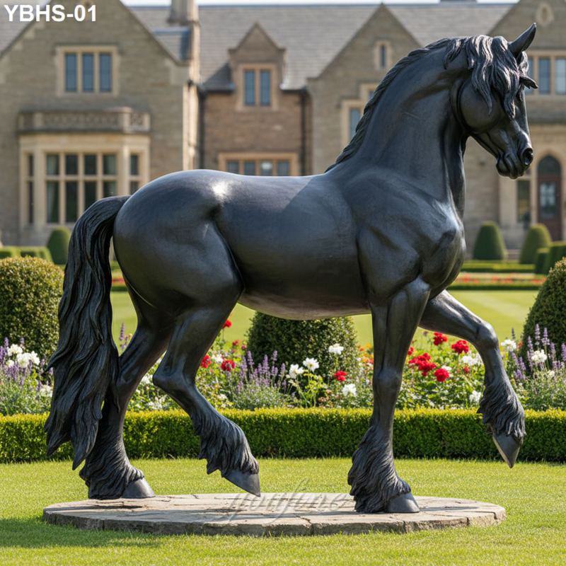 Elegant bronze Friesian horse sculpture standing on a landscaped estate lawn.