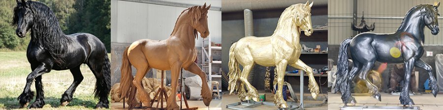 Four stages of bronze horse sculpture creation, showing a real horse, clay model, wax model, and polished bronze statue in workshop.