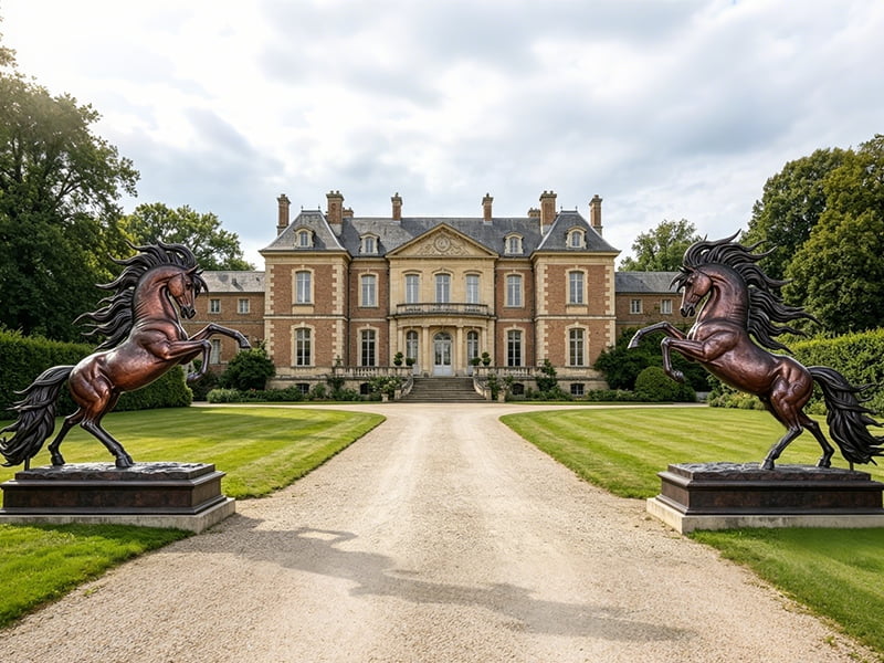 Life-size bronze rearing horse sculpture installed at a Scottish estate entrance