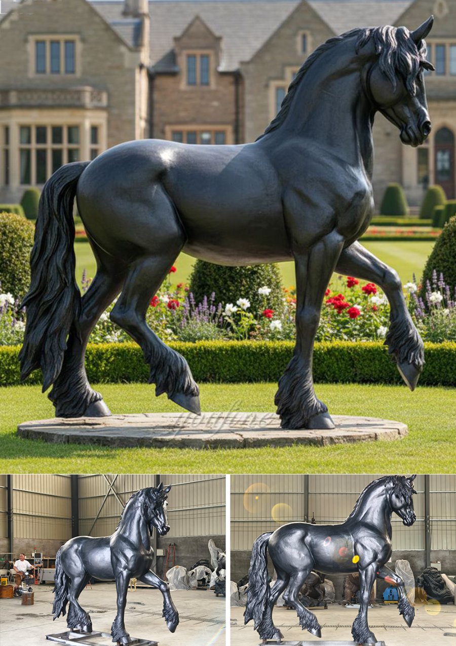 Detailed black bronze horse sculpture with flowing mane and tail showcased in an elegant castle garden