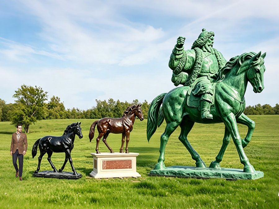 A collection of three bronze horse sculptures of varying sizes,