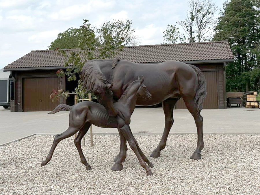 Bronze standing mare and foal statue