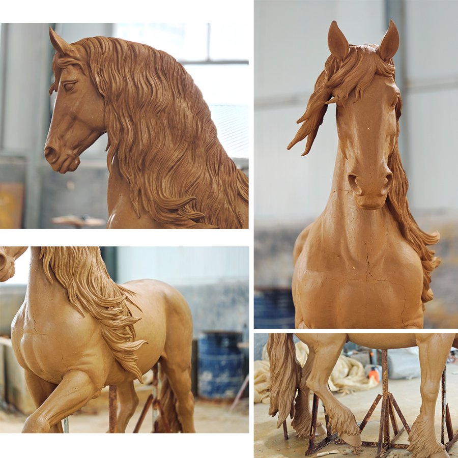Close-up views of a detailed clay horse sculpture model in progress, showcasing intricate mane, muscular build, and precise craftsmanship.