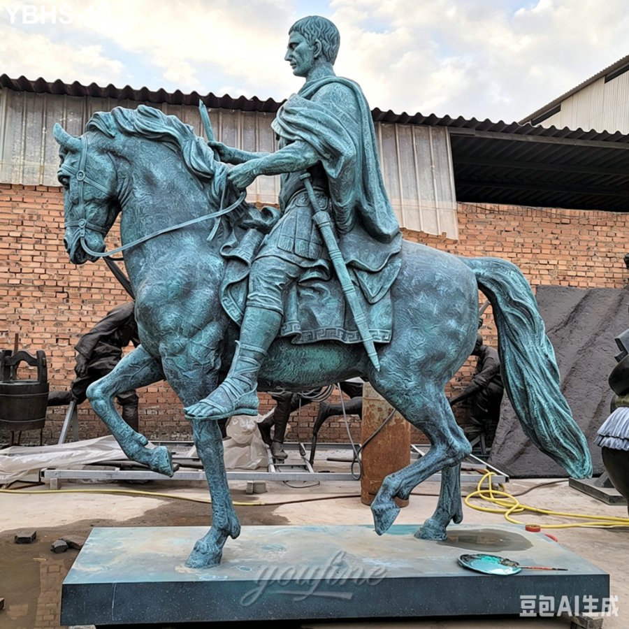 Bronze statue of a rider on horseback, detailed robes and armor, crafted with a green patina finish in workshop setting.
