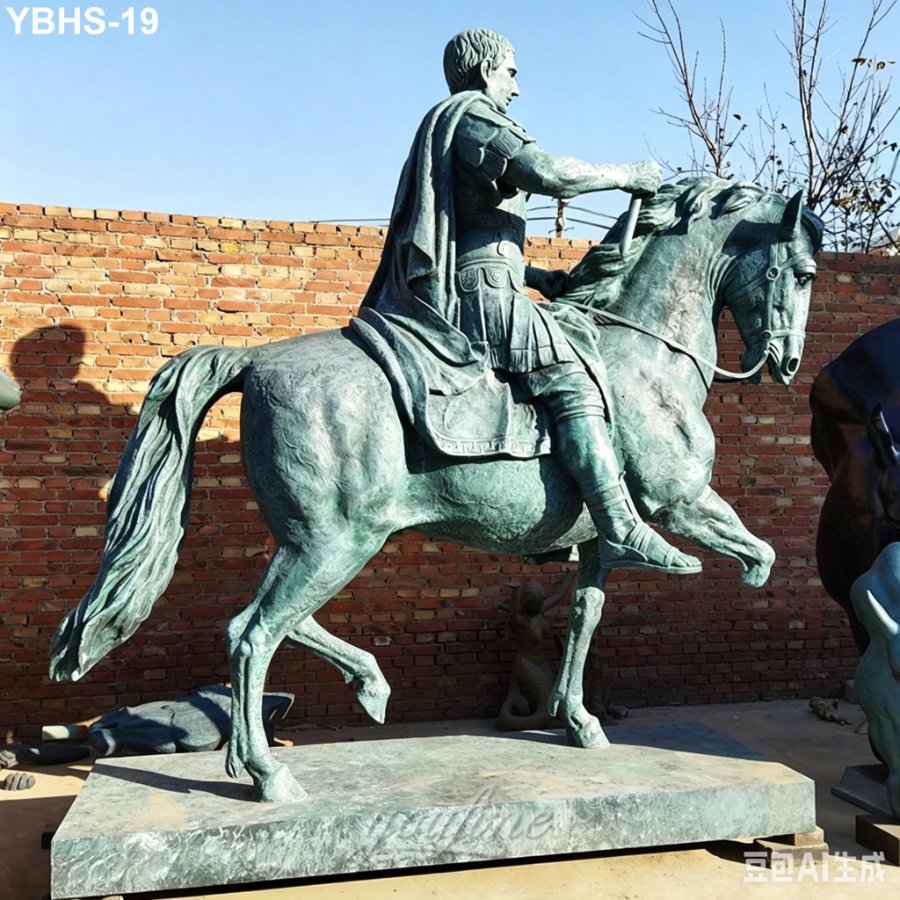A bronze equestrian statue depicting a detailed rider in historical attire on horseback, placed on a concrete base against a brick wall outdoors.