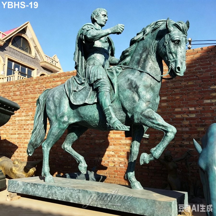 Large bronze equestrian statue depicting a figure in classical attire on horseback, set against a brick wall and ornate architectural backdrop.