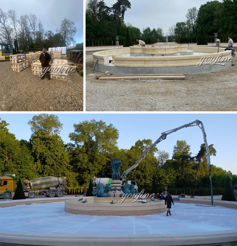 Three stages of a bronze fountain installation showing construction materials, basin setup, and completed structure with workers on-site.
