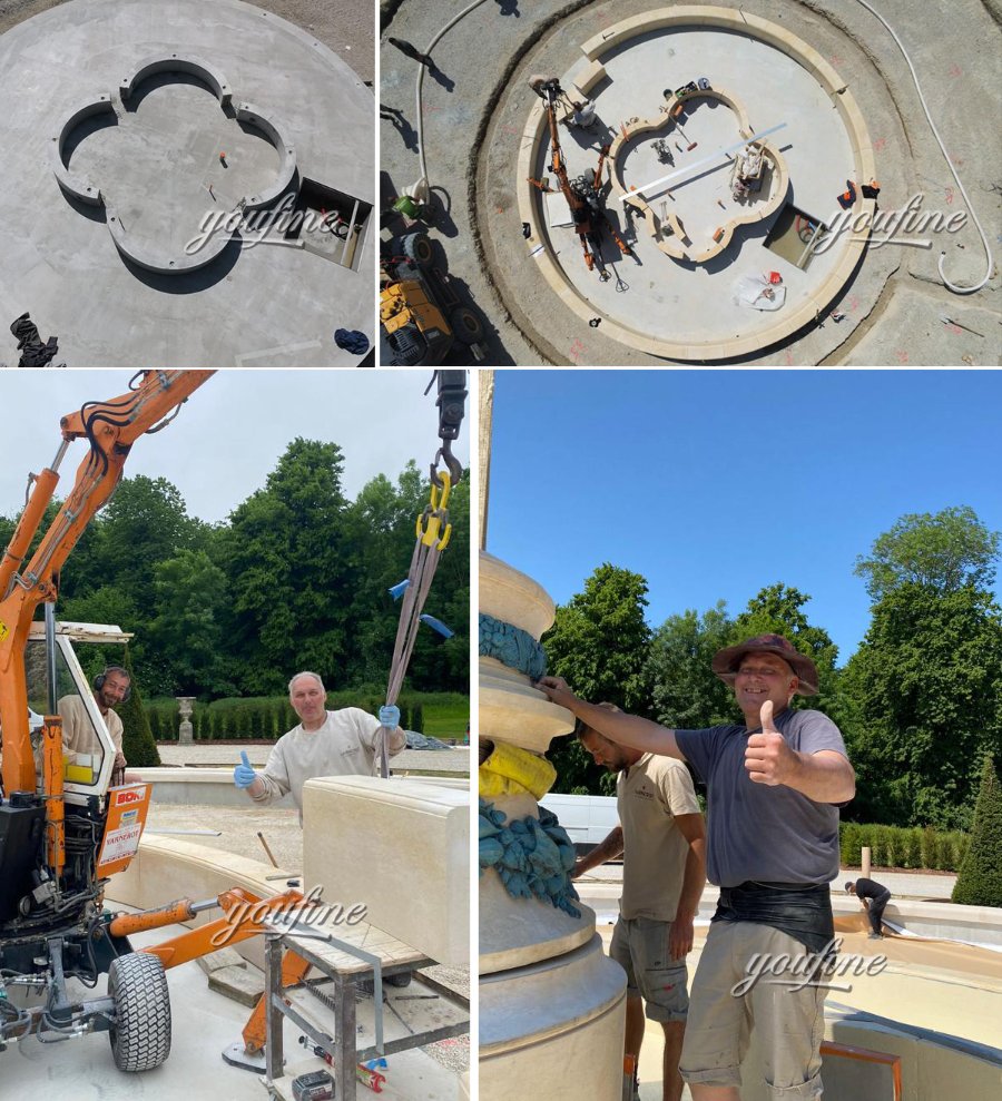 Workers installing a bronze fountain structure on-site, using heavy machinery and precision tools, surrounded by greenery.