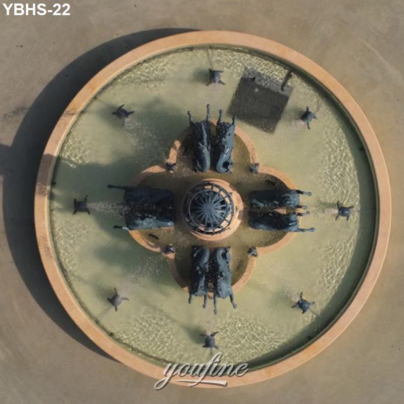 Aerial view of a circular fountain featuring bronze horse sculptures surrounded by water jets, set in an open space.