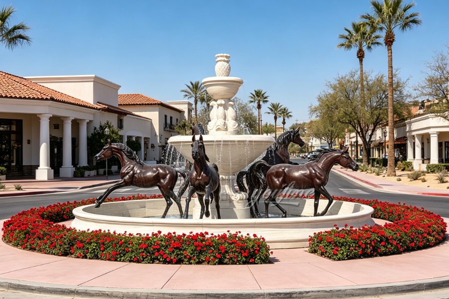 A circular fountain featuring bronze horse sculptures surrounded by vibrant red flowers in a sunny commercial plaza setting.