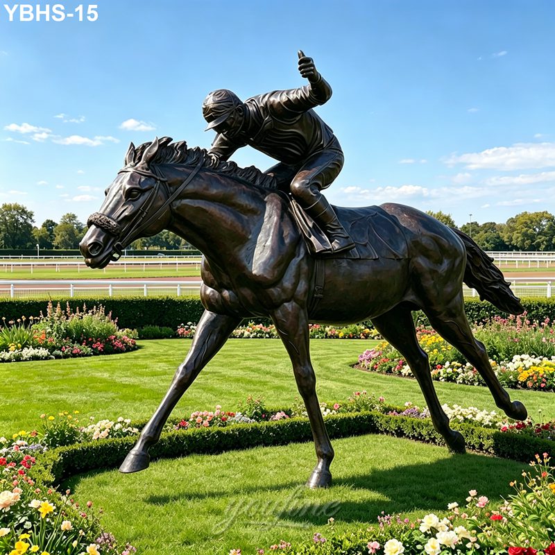 Bronze sculpture of a jockey riding a galloping horse, set in a landscaped garden with vibrant flowers under a clear blue sky.