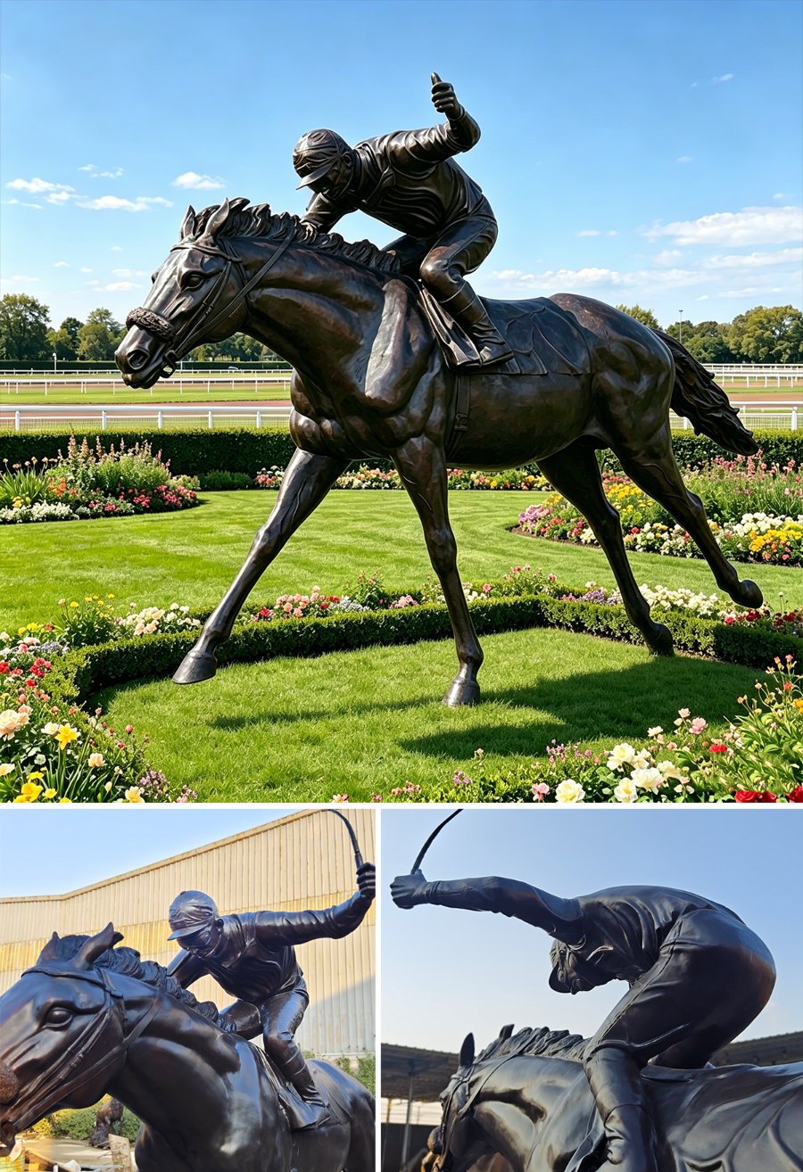 Bronze sculpture of a horse and jockey mid-race, situated in a landscaped garden surrounded by colorful flowers and greenery.