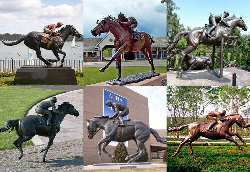 Bronze racing horse sculpture in full gallop pose with dynamic movement