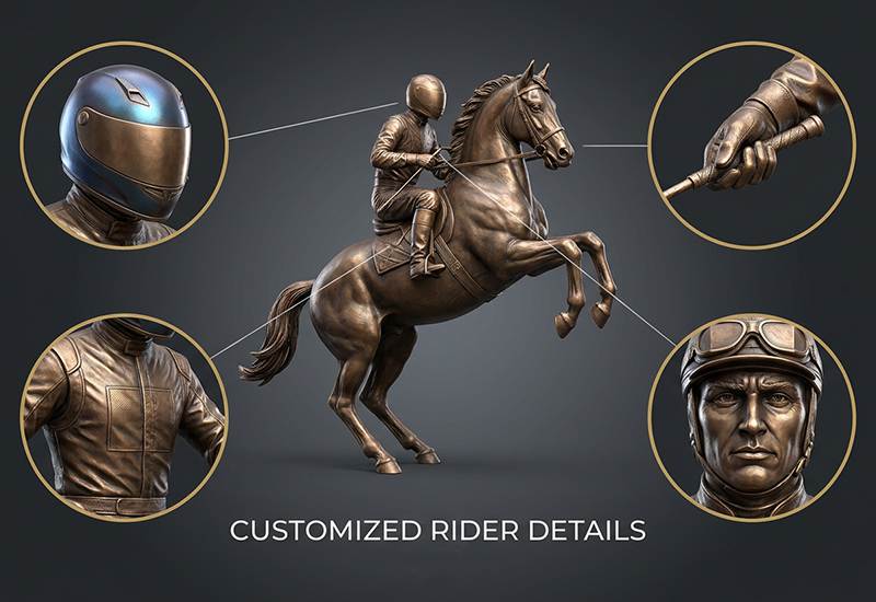 Bronze racing horse with detailed jockey figure in custom racing silks