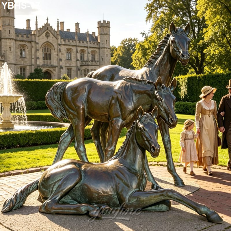 Three bronze horse sculptures with lifelike detail displayed in an elegant castle estate garden, with a fountain and visitors nearby.