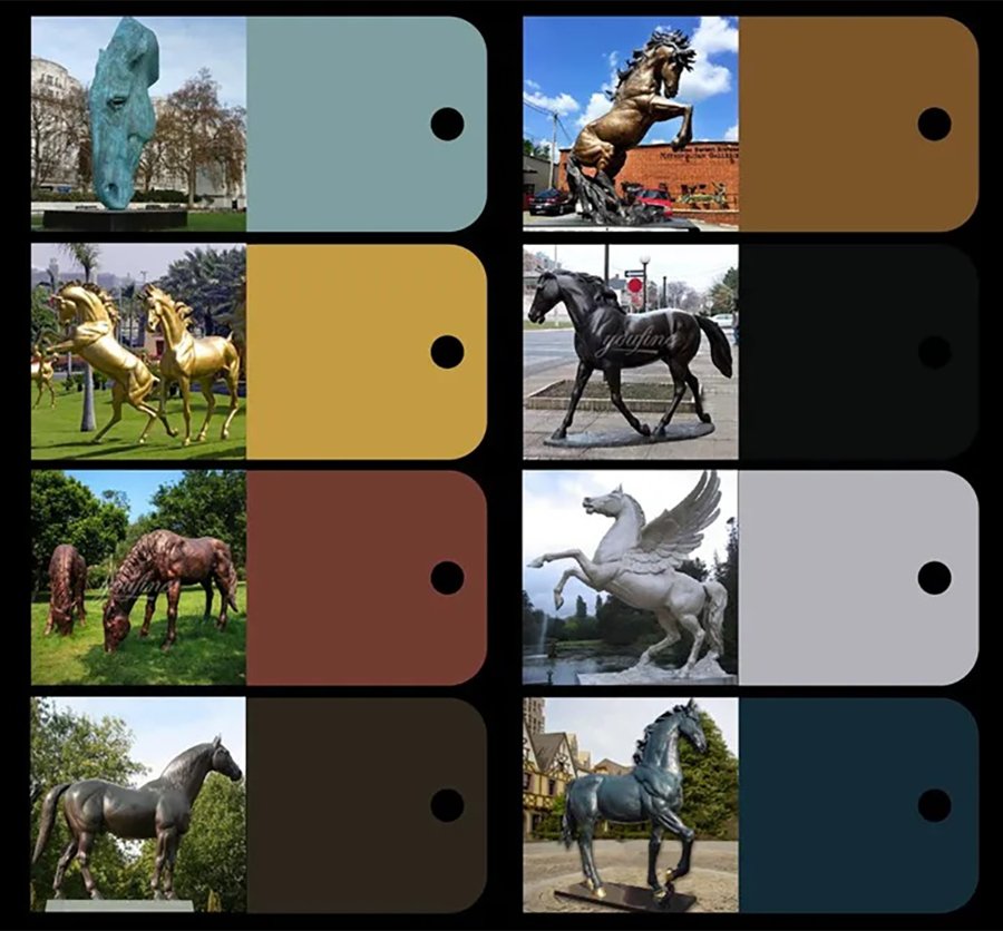 Bronze horse sculptures in various colors are on display.