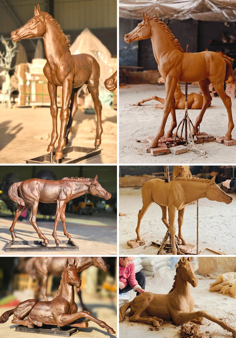 Six stages of bronze horse sculpture creation in a workshop, showcasing sculptures in various poses and stages of completion.