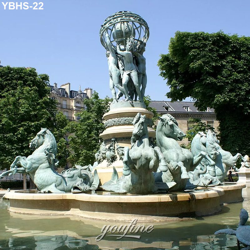 A bronze fountain with horse sculptures and human figures holding a globe, surrounded by trees and historic architecture.