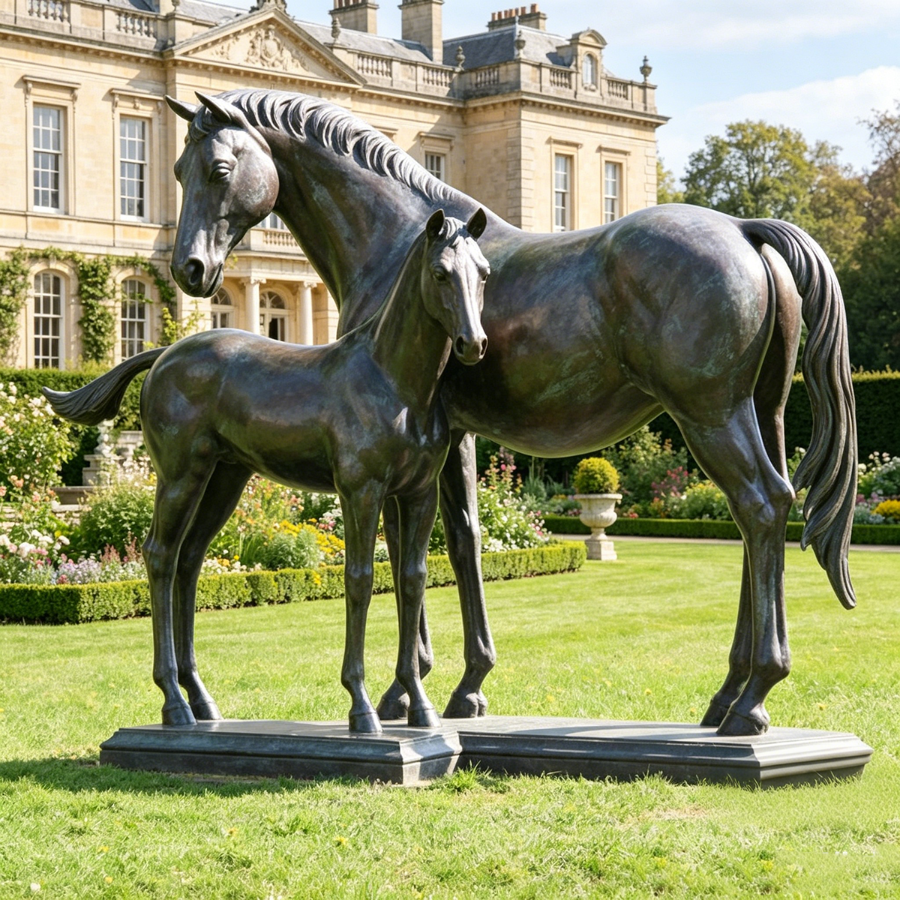 Elegant bronze horse and foal statue set in the landscaped garden of a grand manor, surrounded by trimmed hedges and flower beds.