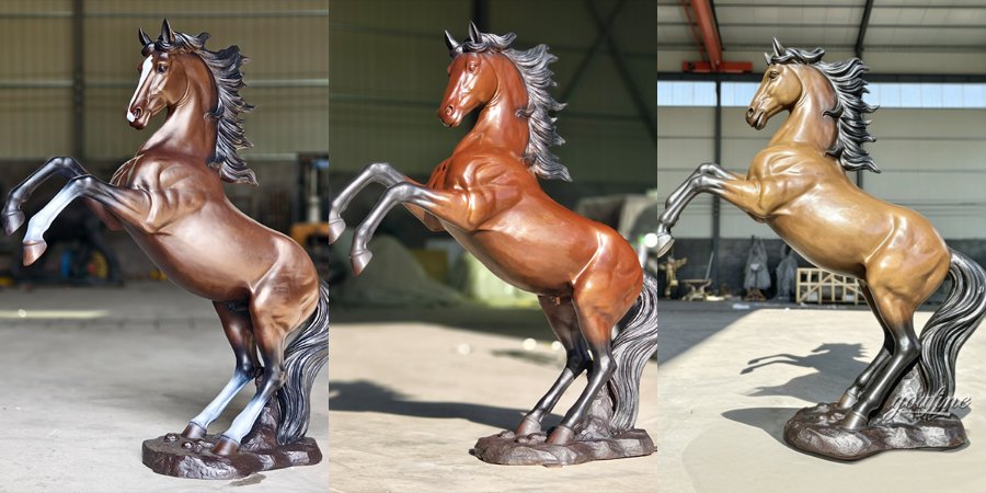 Three bronze horse sculptures of distinct colors—each captured within a studio setting in a dynamic, rearing posture—fully reveal their exquisite craftsmanship and rich details against a backdrop of varied light and shadow.