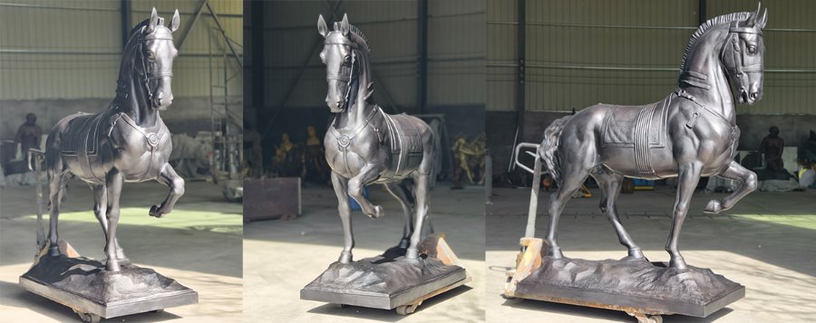 Triple view of a finely crafted bronze horse sculpture in a workshop or showroom, showcasing intricate details and artistic excellence.