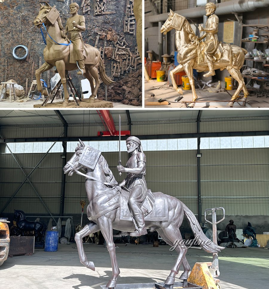 Three stages of a bronze horse sculpture creation, including clay model, golden cast, and final polished bronze form in a workshop.