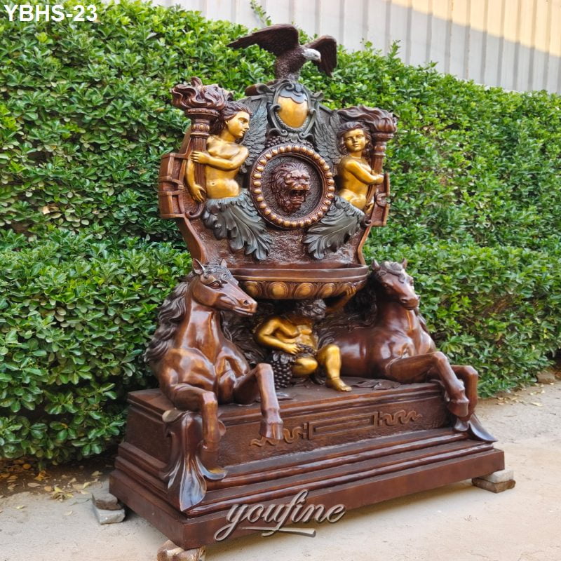 Detailed bronze wall fountain featuring horses, lion medallion, cherubs, and an eagle at the top, suited for high-end estates.