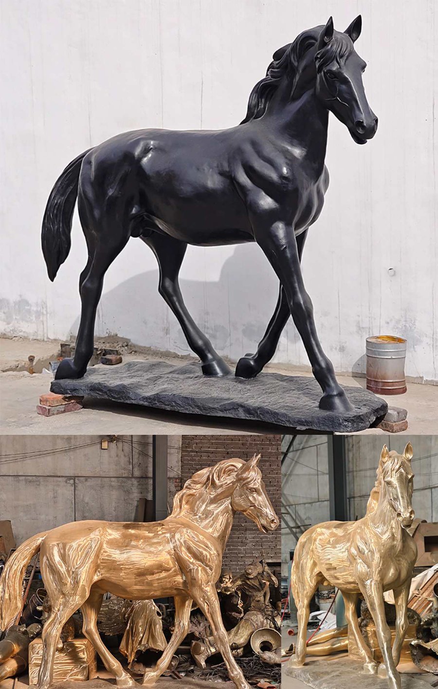 A large black walking bronze horse sculpture with a realistic pose on a textured base