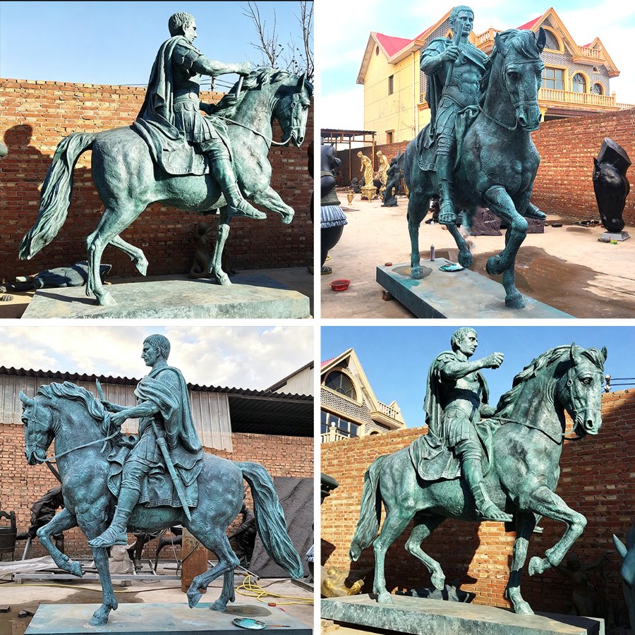 A gallery of four bronze horse statues featuring riders in detailed attire, set against rustic outdoor backgrounds.
