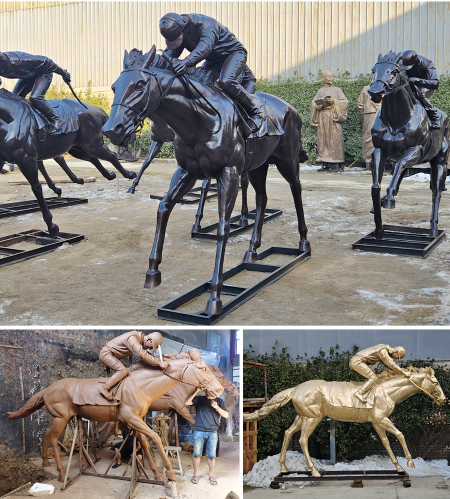 A series of bronze horse sculptures depicting jockeys in racing poses, including finished dark bronze and golden statues and one work-in-progress model.