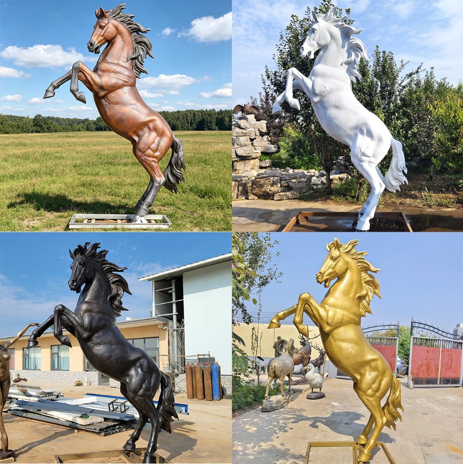 A collage showing four rearing horse sculptures in variations of bronze, white, black, and gold, placed in outdoor settings.