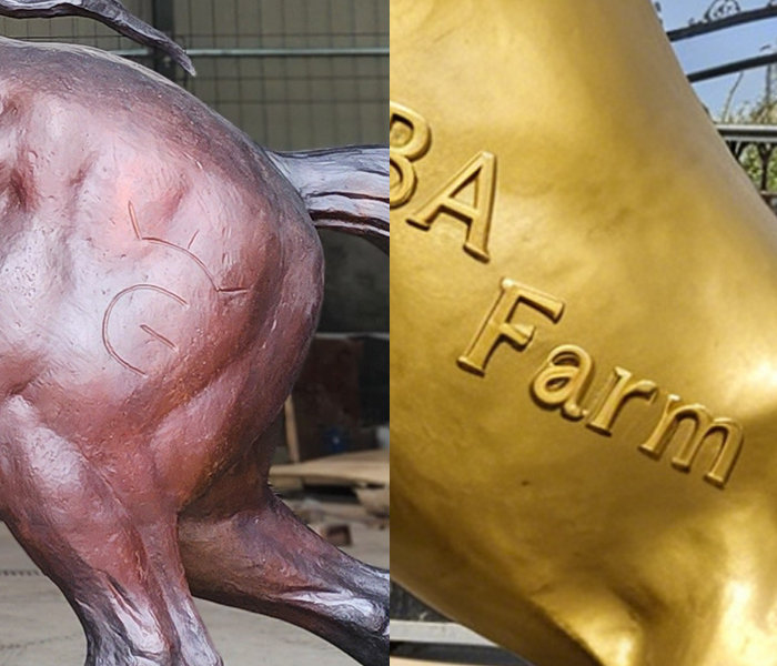 Logo and inscription engraving on bronze horse sculpture base