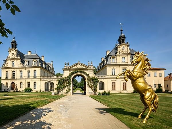 large outdoor rearing bronze horse sculpture at estate entrance gate