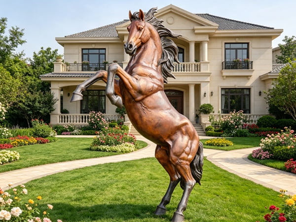 bronze rearing horse statue as garden courtyard centrepiece sculpture