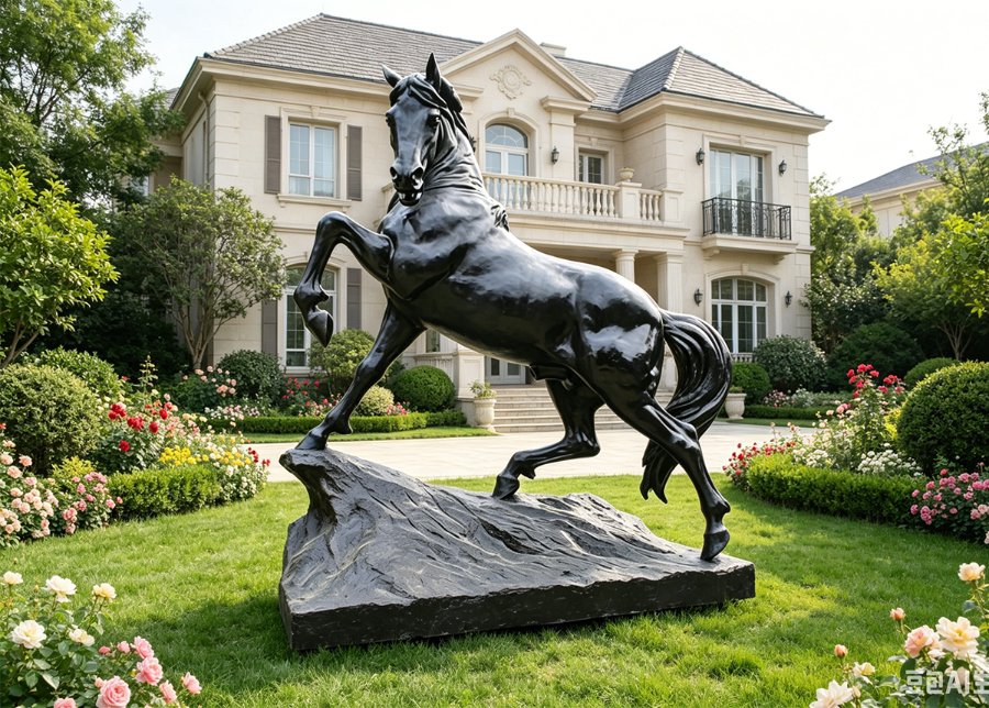 Elegant bronze horse statue posed on a rocky base with raised front leg, situated in a landscaped garden in front of a grand estate.