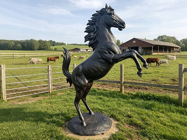 custom bronze rearing horse sculpture for ranch entrance or paddock
