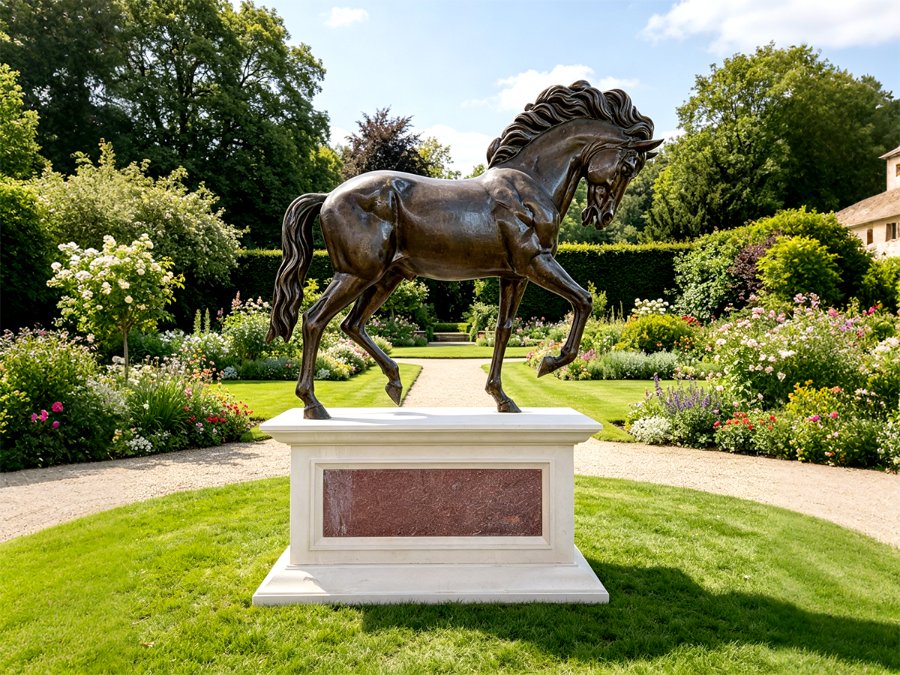 Standing Bronze horse statue on a sturdy pedestal placed in a landscaped garden with vibrant flowers, manicured lawn, and trees in the background.