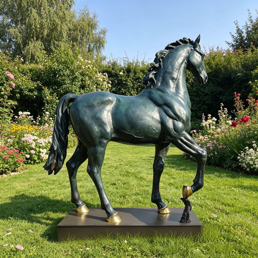 A detailed bronze horse statue standing majestically on a square base with one hoof raised in a vibrant garden lawn