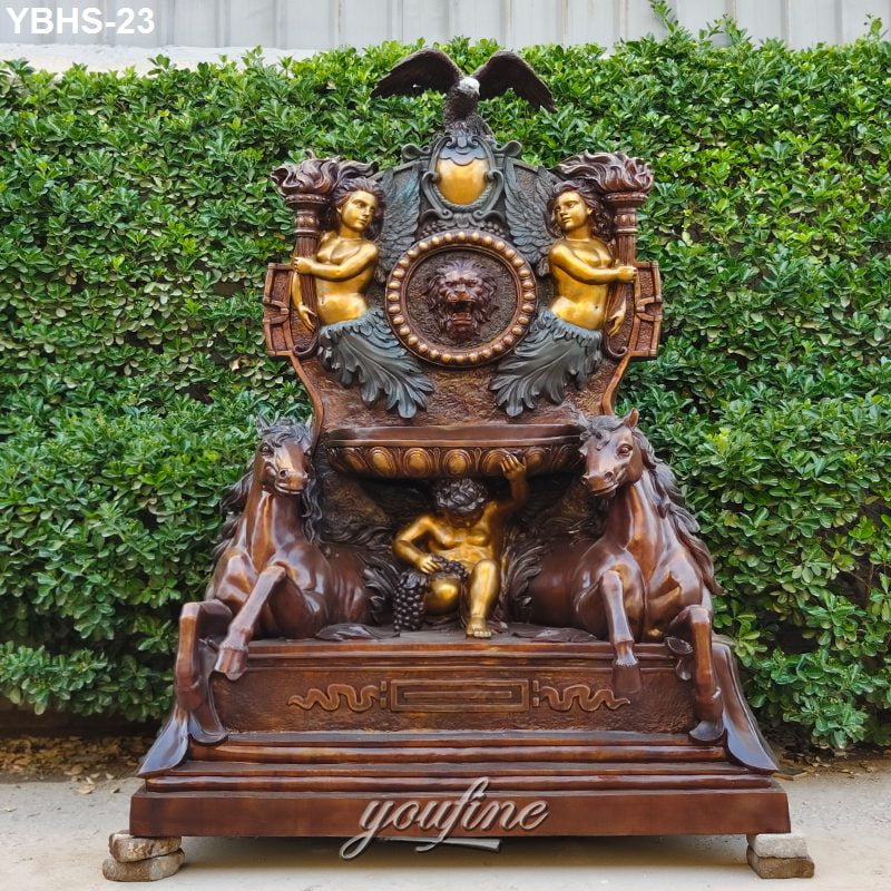 Ornate bronze wall fountain with horses, a throne adorned with lion emblem, gold accents, cherub figures, eagle motif, set against greenery.