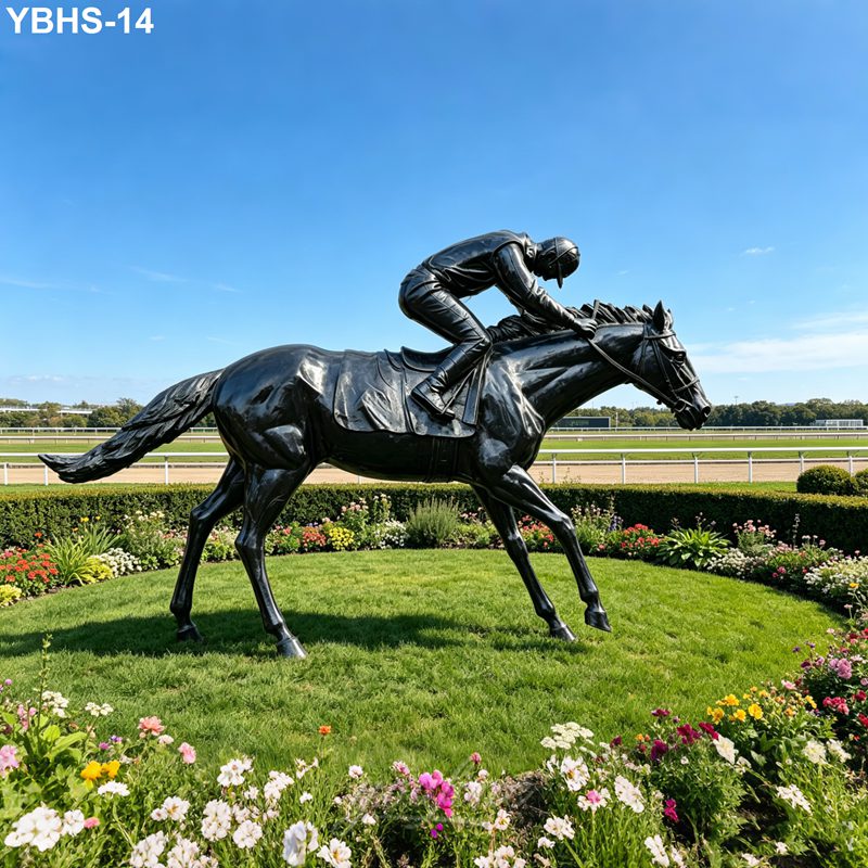 Bronze sculpture of a jockey riding a horse, set in a well-maintained garden with colorful flowers and a racetrack in the background.