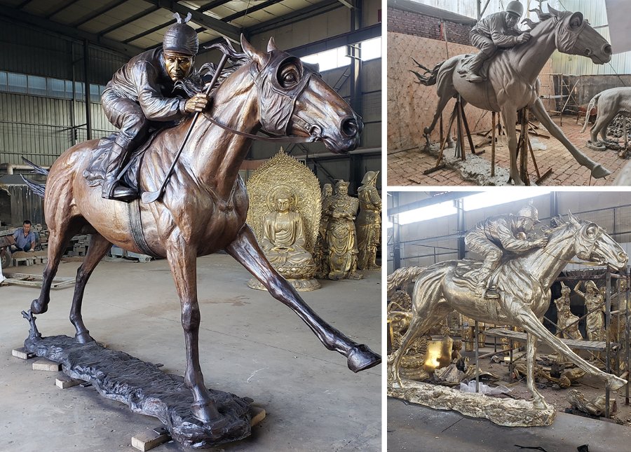 Bronze jockey horse sculpture showing detailed craftsmanship, factory setting, and production stages including clay and metallic finishing.