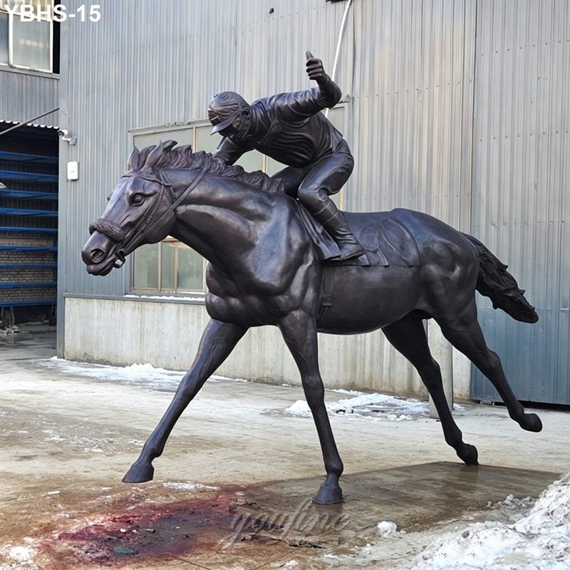 Outdoor bronze statue depicting a jockey leaning forward on a galloping horse, illustrating energy and motion in equestrian racing.