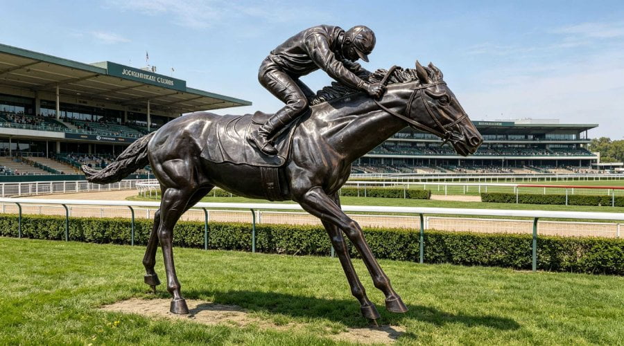 Bronze racing horse statue at a racecourse