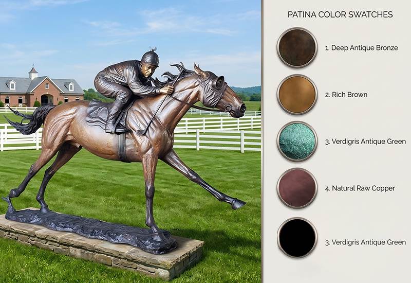 Bronze horse sculptures showing various patina color options from dark bronze to antique green