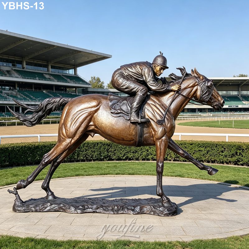 Bronze statue depicting a jockey riding a racehorse in dynamic motion, displayed at a racecourse with grandstand in the background.
