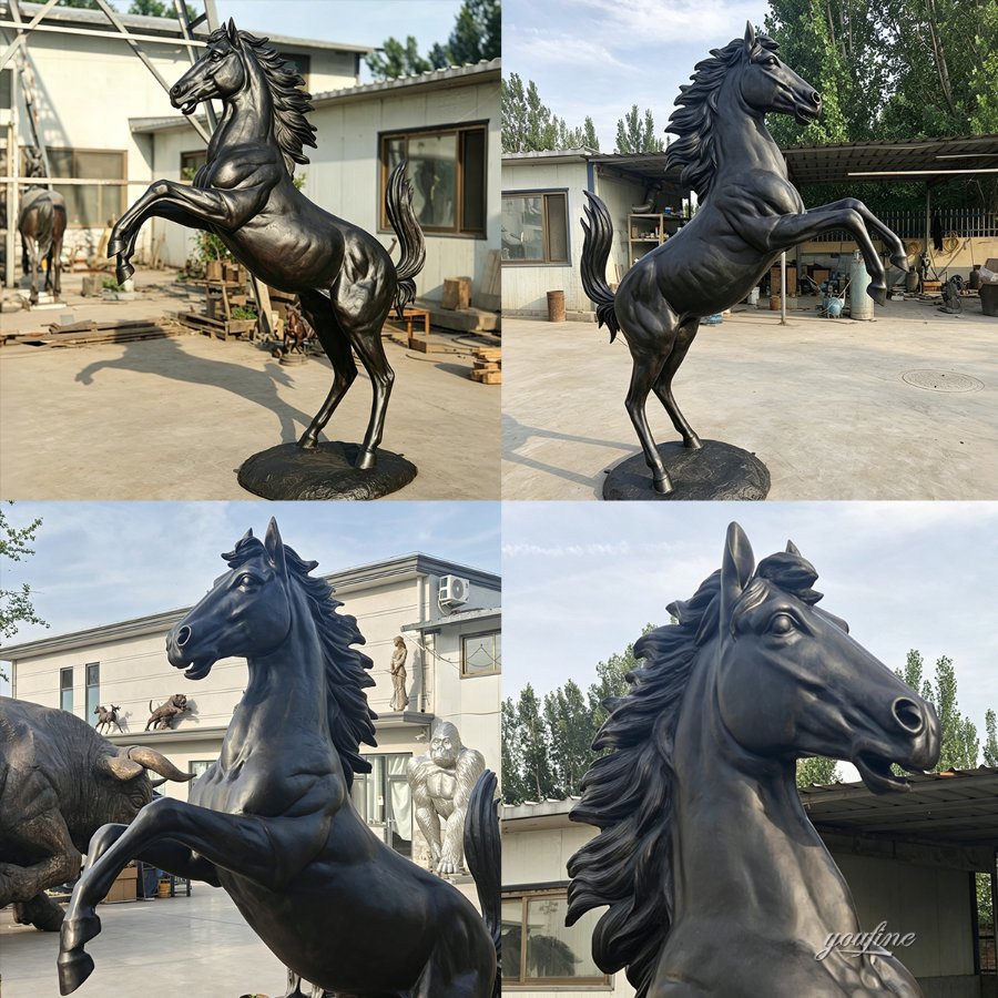 Detailed bronze sculpture of a rearing horse with intricate mane and muscular features, displayed outdoors near workshops and greenery.