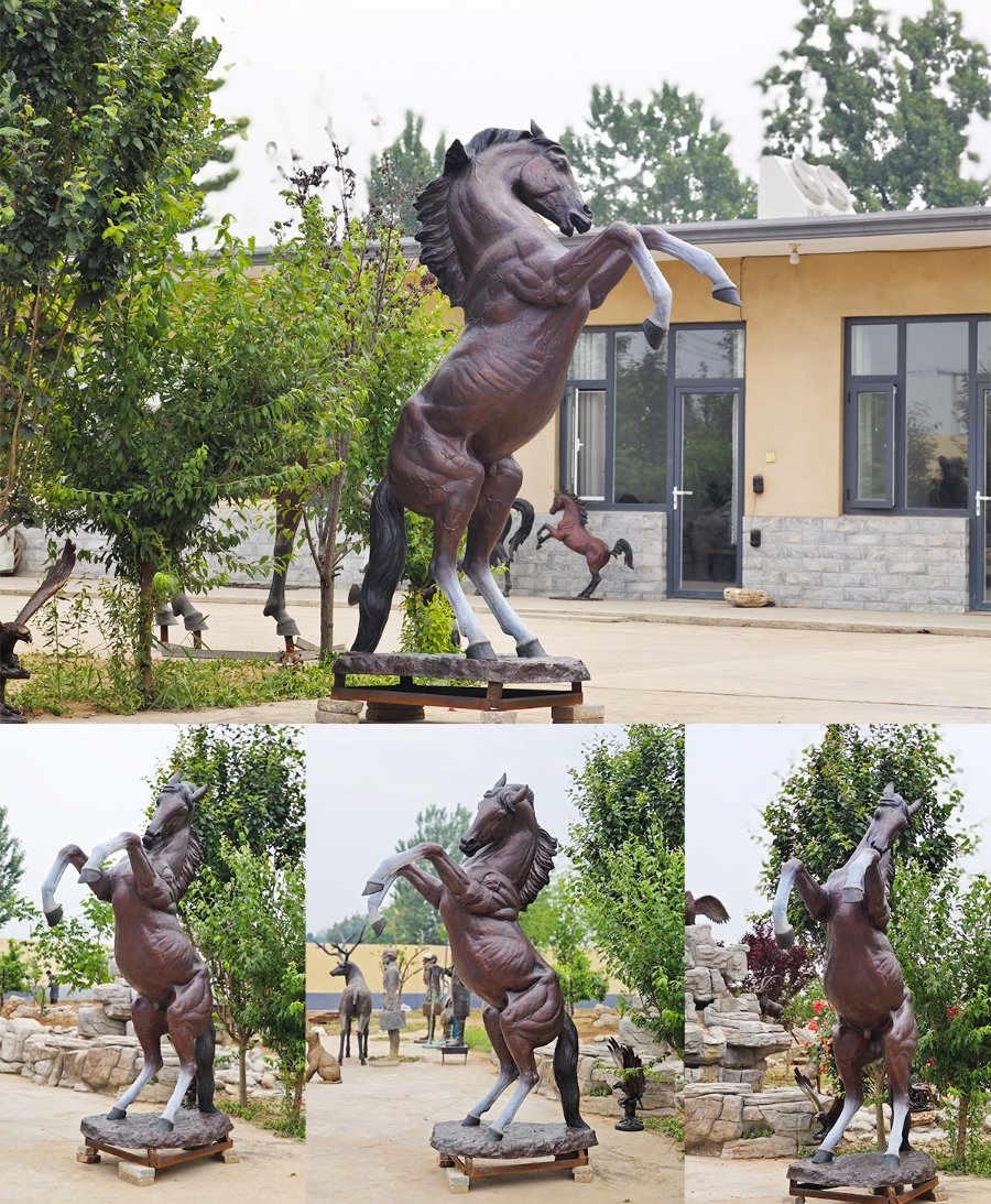 Bronze horse sculpture depicting a rearing posture, displayed outdoors surrounded by trees and other sculptures.