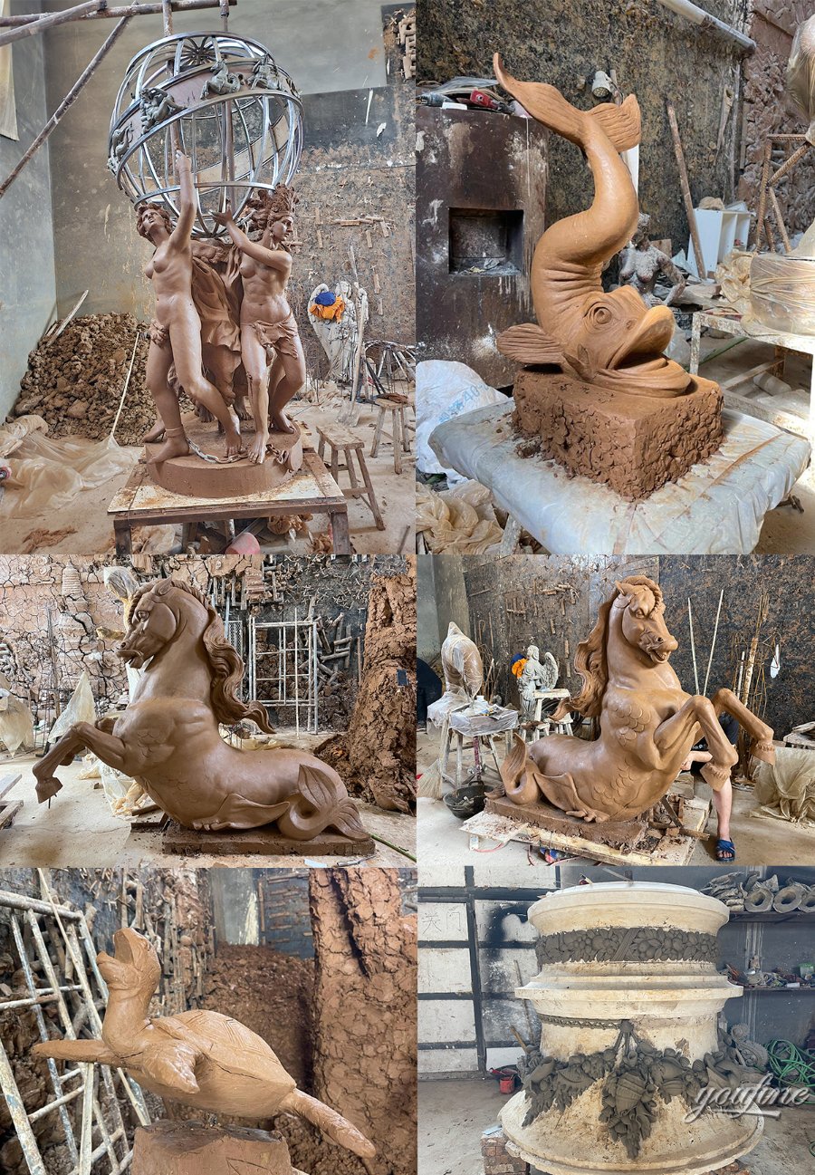 Various clay models in a workshop, including mythological figures holding a sphere, a fish sculpture, rearing horse sculptures, a turtle, and a decorative pedestal with floral details.