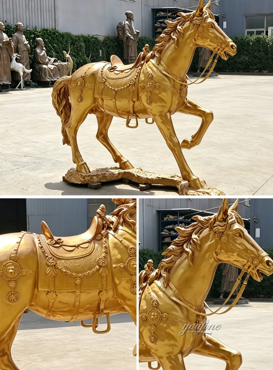Gold-colored bronze horse sculpture featuring ornate saddle and reins, displayed outdoors with other statues and greenery.